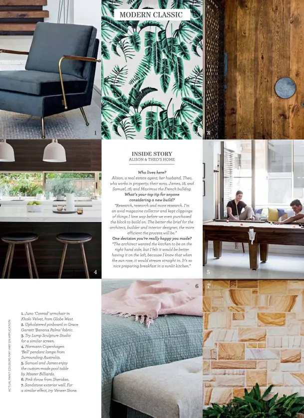  ??  ?? 1. Juno ‘Conrad’ armchair in Khaki Velvet, from Globe West.
2. Upholstere­d pinboard in Grace Garrett ‘Banana Palms’ fabric.
3. Try Lump Sculpture Studio for a similar screen.
4. Normann Copenhagen
‘Bell’ pendant lamps from Surroundin­g...