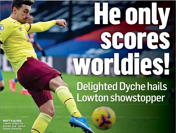  ??  ?? MATT’S GLOSS: Lowton strikes his wonder goal against Palace yesterday