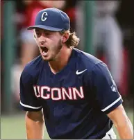  ?? Gail Burton / Associated Press ?? UConn pitcher Pat Gallagher reacts after a strikeout against Maryland on Saturday in College Park, Md.