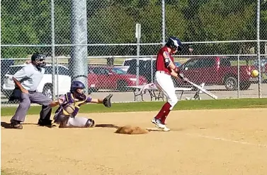  ?? Staff photo by Josh Richert ?? ■ Texas A&M University-Texarkana’s Olivia Mueller connects for an RBI triple during the second game of a conference doublehead­er against LSU-Alexandria on Friday at James Bramlett Field. The Eagles swept the Generals, 5-2 and 4-2.