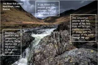  ??  ?? The River Esk under Hard Knott, Lake District. Maximum zoom and the compositio­n captures the location and the power of the water naturally. A Lee Filters 0.6 medium grad filter enhances the threatenin­g sky. The compositio­n ensures that the swoop of the fells from left to right creates a pleasing ‘Y’ shape, with the passage of the water through the gap. Spot-metered on the differing light sources in the foreground but not on the water. Camera is handheld – no tripod required.