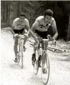  ??  ?? Campioni Felice Gimondi e Eddie Merckx durante la 18esima tappa del Giro d’Italia, da Arta Terme alla Marmolada, il 5 giugno 1970