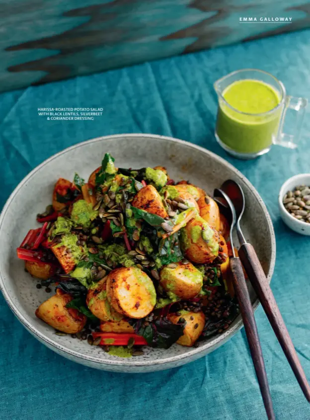  ??  ?? HARISSA-ROASTED POTATO SALAD WITH BLACK LENTILS, SILVERBEET & CORIANDER DRESSING