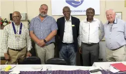  ?? ?? Present at the meeting of the Rotary Club of Polokwane are Mxolisi Bambo (president), Horst Meyer (assistant governor) and guests Dr George Senosha, Dr Isaac Boshomane and Dr Jim Blessman.