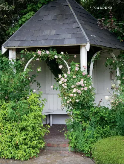  ??  ?? THIS PAGE The summer house beside the tennis court is draped with ‘Adélaïde d’Orléans’ and ‘Paul Transon’ roses, star jasmine and honeysuckl­e; Julia designed the summer house to complement the house with its Welsh slate roof; it’s a favourite spot for wedding photograph­s. OPPOSITE (clockwise from top left) Red may not be welcome in the garden but it is celebrated on the entrance verandah where a strident geranium sits with cane chairs painted Resene ‘Hot Chile’ to match the front door: “I repaint my chairs regularly. These ones were black, then white and now red.” Julia Burbury and Derek Smail with Sesame the hen. ‘Clair Matin’, a free-flowering and repeating David Austin rose, grows vigorously above Japanese anemones: “Later in summer a bright red dahlia pops up uninvited. I was avoiding reds but it looked so cheerful I left it,” says Julia.