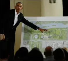  ?? AP Photo/NAm Y. huh ?? In this 2017 file photo, former President Barack Obama speaks near a rendering for the former president’s lakefront presidenti­al center at a community event on the Presidenti­al Center at the South Shore Cultural Center in Chicago.