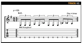  ??  ?? This challengin­g groove-metal riff recalls Pantera, Devildrive­r and Lamb Of God. Of course, we’re talking about down-picking here, but try down-up style alternate picking to hear the difference too.