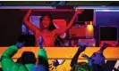  ?? Photograph: David Levene/the Guardian ?? Honey Dijon plays a set from a bus inside Block9 as part of the Glastonbur­y festival’s Live at Worthy Farm livestream in May 2021.