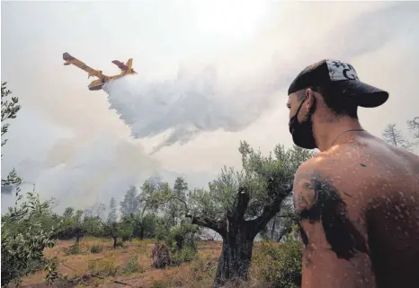  ?? FOTO: PETROS KARADJIAS/DPA ?? Ein Mann beobachtet nahe dem Dorf Ellinika auf Euböa ein Flugzeug, das bei Löscharbei­ten Wasser über einem Waldbrand abwirft.