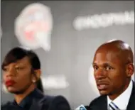  ?? ASSOCIATED PRESS ?? Former NBA player Ray Allen, right, speaks as former WNBA player Tina Thompson, left, looks on during a news conference for the Naismith Memorial Basketball Hall of Fame class of 2018 announceme­nt, Saturday, March 31, 2018, in San Antonio.