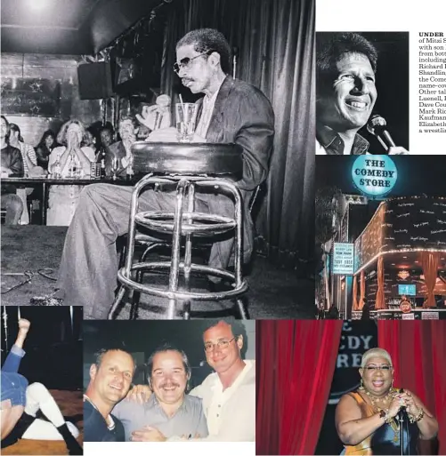  ?? ?? UNDER THE leadership of Mitzi Shore, pictured with son Pauly, clockwise from bottom left, comics including Jim Carrey, Richard Pryor and Garry Shandling passed through the Comedy Store and its name-covered walls. Other talent has included Luenell, Bob Saget (with Dave Coulier, left, and Mark Ridley) and Andy Kaufman, seen pinning Elizabeth Hocker during a wrestling match.