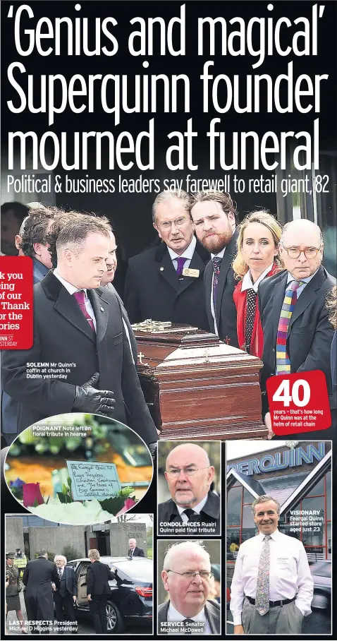  ??  ?? SOLEMN Mr Quinn’s coffin at church in Dublin yesterday