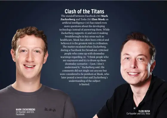  ??  ?? MARK ZUCKERBERG Co-founder and CEO, Facebook ELON MUSK Co-founder and CEO, Tesla