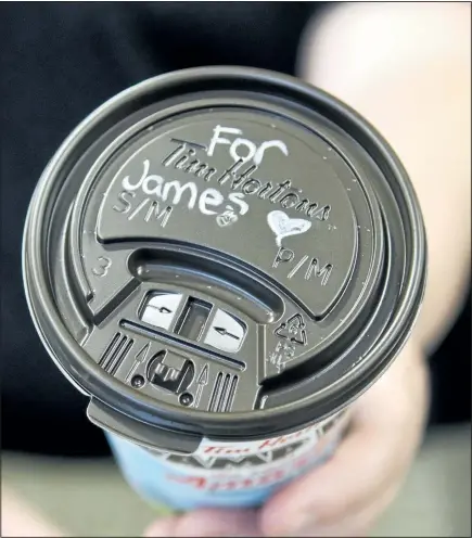  ?? JESSICA NYZNIK/EXAMINER ?? Hunter St. Tim Hortons supervisor Sara Lamouri holds a cup For James on Monday. The One For James is a pay-it-forward campaign where customers buy the next person in line a coffee. The initiative was started in honour of a local man who died in...