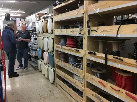  ?? RICHARD PAYERCHIN — THE MORNING JOURNAL ?? Duane Kreilach, sales associate, helps another customer in the plumbing section of Farm & Home Hardware, 120S. Main St., Wellington.