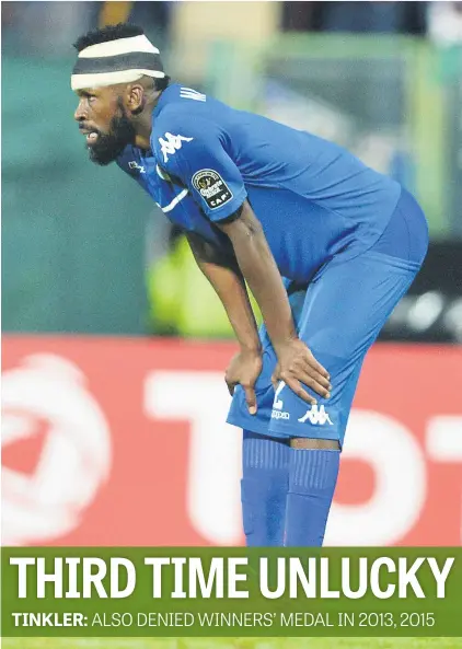  ?? Picture: Gallo Images ?? BATTERED AND BRUISED. SuperSport United’s Tefu Mashamaite looks dejected after their goalless draw against TP Mazembe in the second leg of the Caf Confederat­ion Cup final at the Lucas Moripe Stadium on Saturday night. Mazembe retained the cup after...