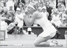  ?? ALASTAIR GRANT / ASSOCIATED PRESS ?? Sabine Lisicki reacts after beating Serena Williams at Wimbledon on Monday. Williams was the tournament’s defending champion.