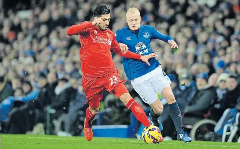  ?? EPA ?? Liverpool’s Emre Can, left, vies with Everton’s Steven Naismith.