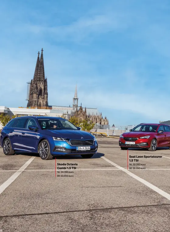  ??  ?? Skoda Octavia Combi 1.5 TSI
NL 34.350 euro BE 33.850 euro
Seat Leon Sportstour­er 1.5 TSI
NL 32.050 euro BE 26.350 euro