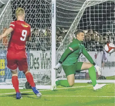  ??  ?? James Walshaw fires a shot at the Whitby goal during Boro’s win against their east coast rivals Pictures by Brian Murfield