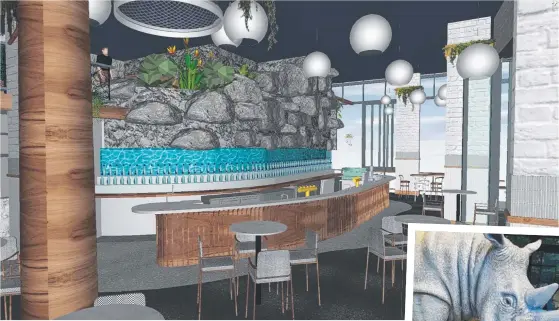  ??  ?? An artist impression of new Surfers Paradise bar-restaurant White Rhino and a centrepiec­e lifesize replica (inset).