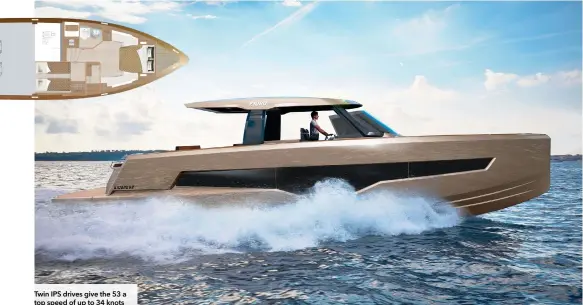  ?? ?? Twin IPS drives give the 53 a top speed of up to 34 knots