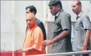  ?? PTI ?? CM Yogi Adityanath arrives at the Gandhi ward of King George’s Medical University in Lucknow on Friday to meet the woman.