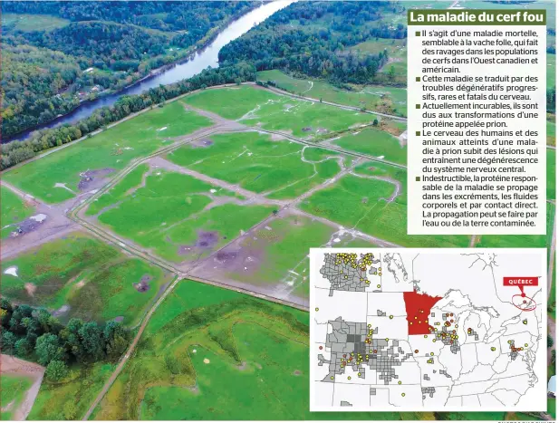  ??  ?? Le cheptel de Harpur Farms est situé près d’un ruisseau et de la rivière Rouge. On sait que la maladie peut se transmettr­e par l’eau ou par le sol. La carte montre l’État du Minnesota, où la maladie a été décelée en 2012 dans une ferme. C’est cette souche qui pourrait avoir infecté la ferme du Québec. Les points sont les endroits où la maladie sévit (points rouges) et où elle était présente (points jaunes) en Amérique du Nord. PHOTOS D’ARCHIVES