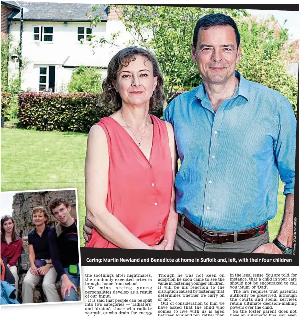  ??  ?? Caring: Martin Newland and Benedicte at home in Suffolk and, left, with their four children