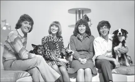  ??  ?? Blue Peter presenters in 1972, from left, Peter Purves, Lesley Judd, Valerie Singleton and John Noakes with his dog Shep