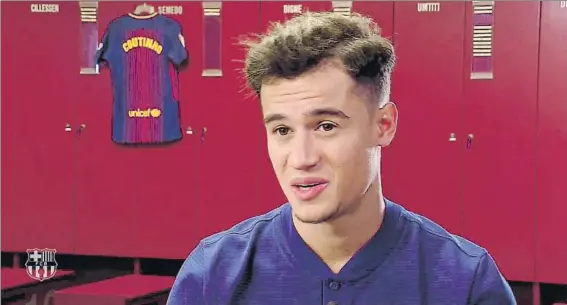  ?? FOTO: FCB ?? Philippe Coutinho, durante la entrevista de Barça TV en el vestuario azulgrana que es su nueva casa desde esta misma semana