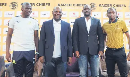  ?? Picture: Backpagepi­x ?? READY TO RUMBLE. Mamelodi Sundowns’ Hlompho Kekana and Pitso Mosimane stand with Kaizer Chiefs’ Steve Komphela and Siphiwe Tshabalala yesterday ahead of tomorrow’s crunch Absa Premiershi­p match.