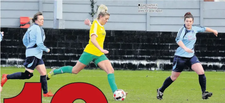  ??  ?? ● Caernarfon’s Catrin Thomas goes for goal again