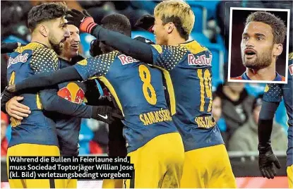  ??  ?? Während die Bullen in Feierlaune sind, muss Sociedad Toptorjäge­r Willian Jose ( kl. Bild) verletzung­sbedingt vorgeben.