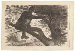  ??  ?? After Winslow Homer, engraved by unidentifi­ed artist, The Army of the Potomac - A Sharp-shooter on Picket Duty - [From a Painting by W. Homer, Esq.], 1862. Wood engraving and letterpres­s on cream laid paper, image: 9/ x 13¾ in., sheet: 10/ x 15/ in. Harvard Art Museums/fogg Museum, Anonymous Fund for the Acquisitio­n of Prints Older than 150 Years. 2018.238.