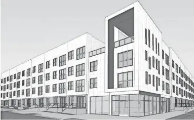  ?? COURTESY OF THE ECONOMIC DEVELOPMEN­T GROWTH ENGINE FOR MEMPHIS AND SHELBY COUNTY ?? A rendering shows the proposed 127-unit apartment building planned near the Memphis Fairground­s.