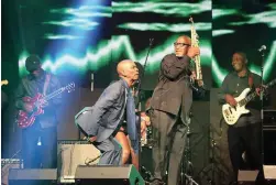  ?? PICTURE: SUPPLIED ?? STAGE PRESENCE: A thrilling performanc­e between Ray Phiri and friend Sipho ‘Hotstix’ Mabuse at the 2012 SAMAs.