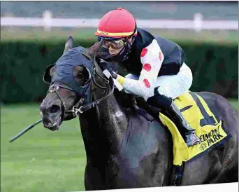  ?? JOE LABOZZETTA/NYRA ?? Wet Your Whistle, by Stroll, wins the Belmont Turf Sprint. He concluded his 5-yearold season by closing from far back to be second in the Breeders’ Cup Turf Sprint.