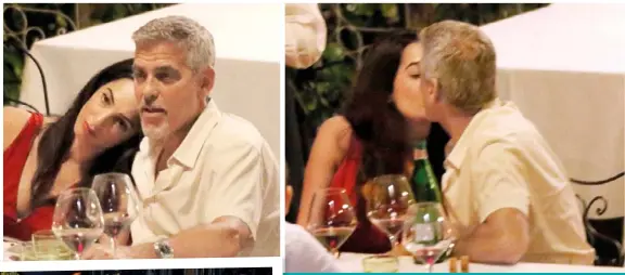  ??  ?? ABOVE LEFT and ABOVE RIGHT: George and his gorgeous wife were as loved up as ever as they enjoyed a dinner date in Bellagio, Italy, last month. LEFT: Amal showed off her slender figure in a flattering black-andwhite striped jumpsuit as they headed out...