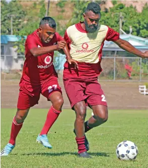  ?? Photo: Fiji FA Media ?? Malakai Rakula (right) tries to control possession against Abbu Zahid during the nationa team training session at Fiji FA Academy ground in Ba.