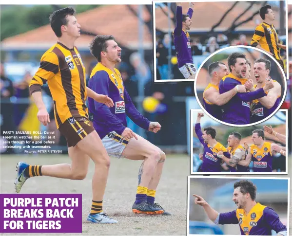  ?? Pictures: PETER RISTEVSKI ?? PARTY SAUSAGE ROLL: Daniel Freeman watches the ball as it sails through for a goal before celebratin­g with teammates.