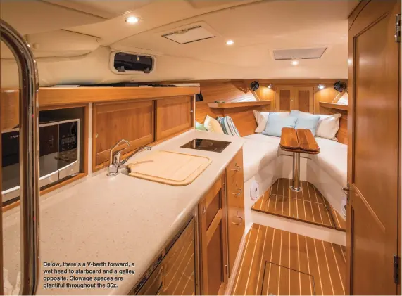  ??  ?? Below, there’s a V-berth forward, a wet head to starboard and a galley opposite. Stowage spaces are plentiful throughout the 35z.