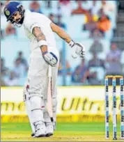  ?? PTI ?? India captain Virat Kohli reacts after being trapped leg before by Suranga Lakmal at the Eden Gardens on Thursday.
