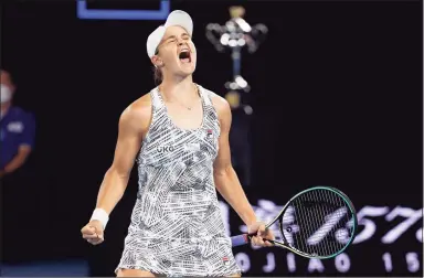  ?? Hamish Blair / Associated Press ?? Ash Barty celebrates after defeating Danielle Collins to win the Australian Open title on Saturday.