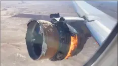  ?? Chad Schnell / Associated Press ?? In this image taken from video, the engine of United Airlines Flight 328 is on fire after after experienci­ng a "right-engine failure" shortly after takeoff from Denver Internatio­nal Airport on Saturday in Denver.