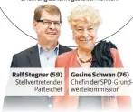  ??  ?? Ralf Stegner ( 59) Stellvertr­etender Parteichef Gesine Schwan ( 76) Chefin der SPD- Grundwerte­kommission