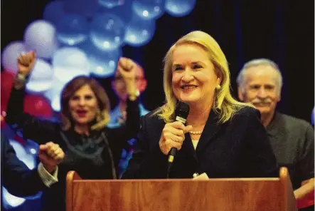  ?? Marie D. De Jesús / Staff photograph­er ?? Sylvia Garcia accepts her victory in the race for United States representa­tive for Texas’ 29th District on Tuesday in Houston. Garcia will take the seat held by U.S. Rep. Gene Green, who is retiring after 26 years in Congress.