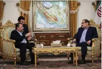  ?? (Reuters) ?? SALEH AL-AROURI (left), Hamas’s deputy chairman, meets with Iranian National Security Council secretary Ali Shamkhani in Tehran on Saturday in this handout photo provided by Tasnim News Agency.