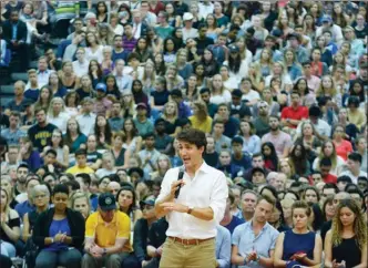  ?? GARY NYLANDER/The Daily Courier ?? Prime Minister Justin Trudeau speaks during a town hall meeting at the UBC Okanagan gymnasium last week.