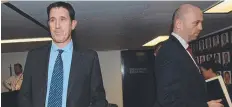  ??  ?? RESOLUTION: James Sutherland and Australian Cricketers' Associatio­n CEO Alistair Nicholson after the deal was done.